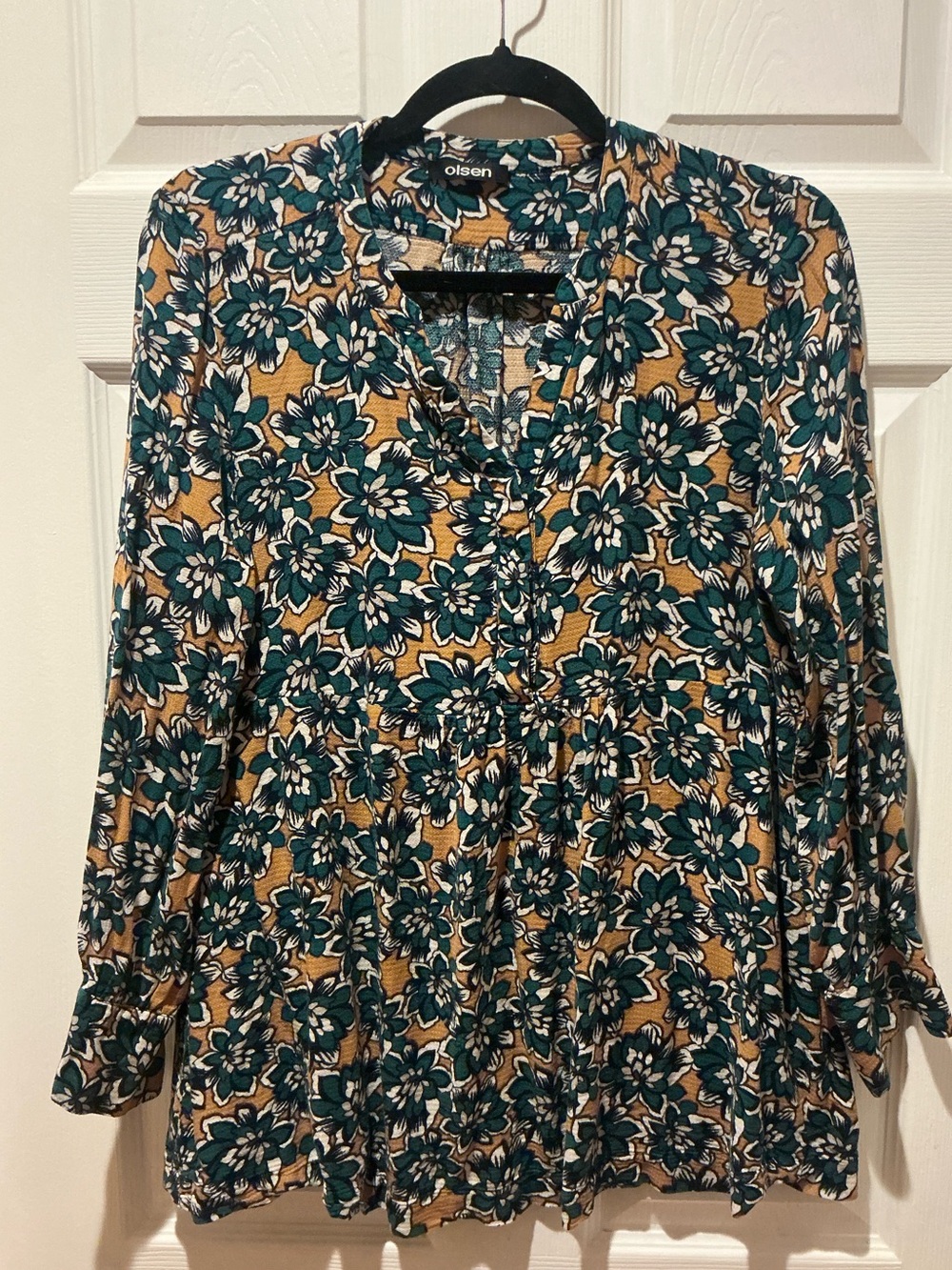 Olsen Teal Floral Henley Babydoll Tunic Top - P2P 20 - Picture 2 of 7